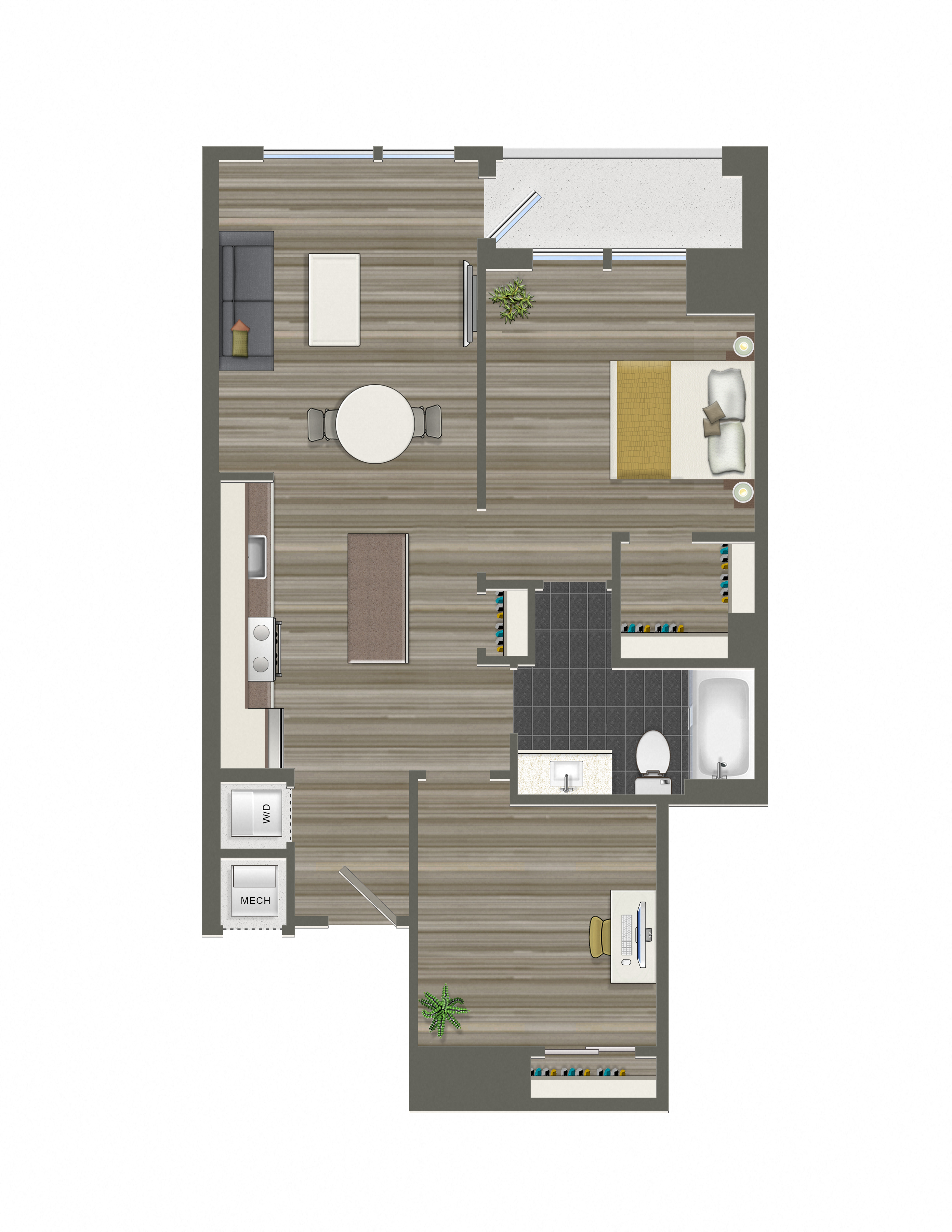 Floor plan for 2 beds, 1 bath, 833 sqft